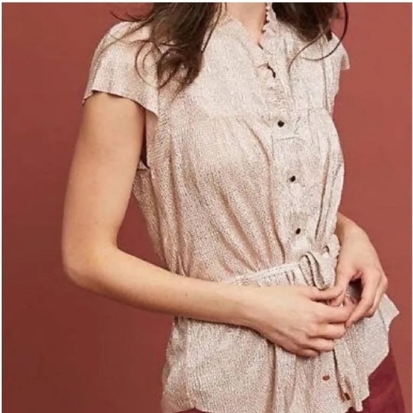 Sabina Musayev Tops - Sabina Musayev champagne pink blouse Gold Lame Flutter Sleeve Belted Blouse